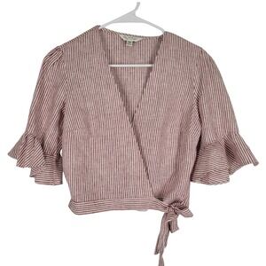 Miss Selfridge Wrap Front Crop Top Sz 4 Linen Blend Red White Stripes Ruffle